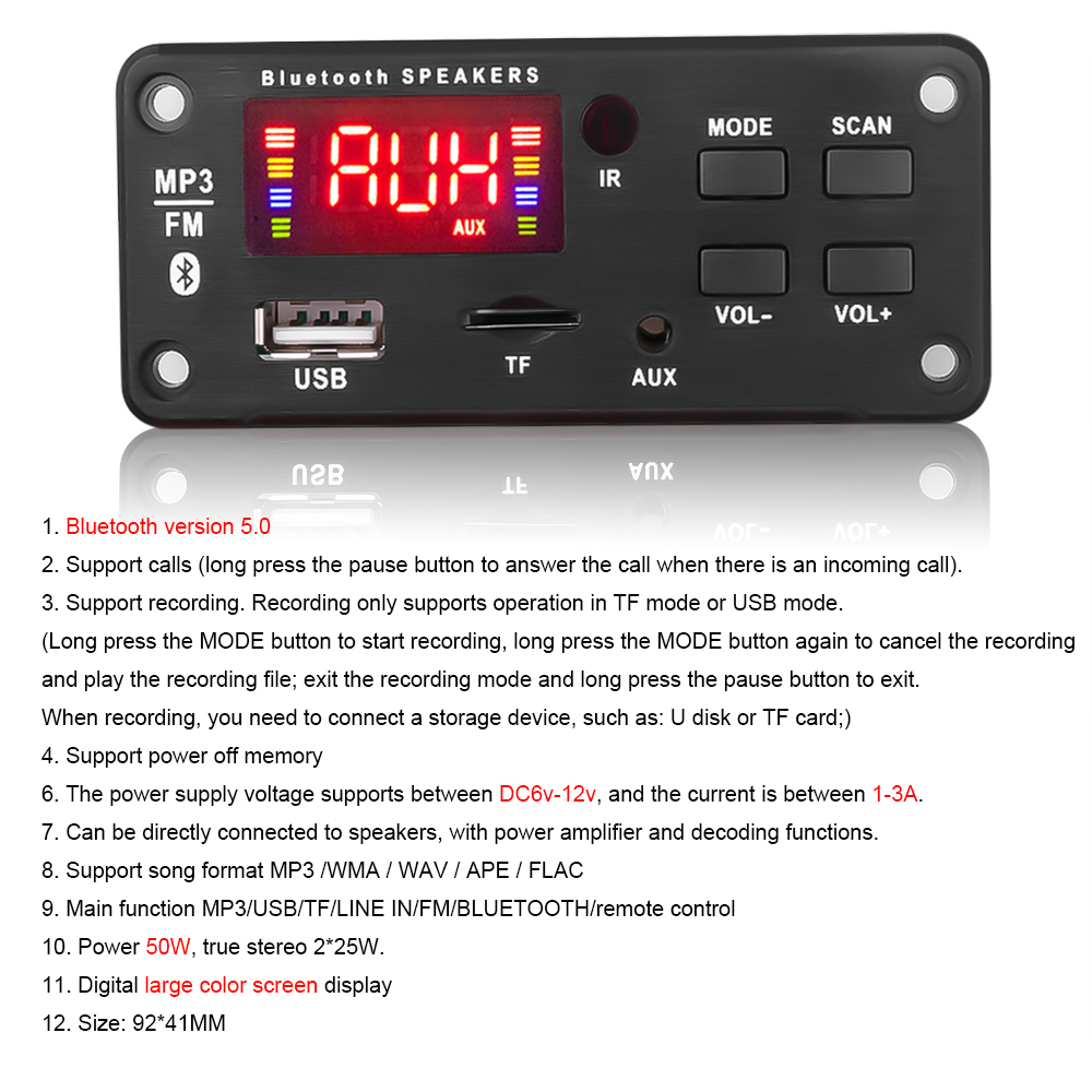 Vivavoce 50W amplificatore MP3 scheda di decodifica schermo a colori DC 12V Bluetooth V5.0 lettore MP3 per auto modulo di registrazione USB FM AUX Radio