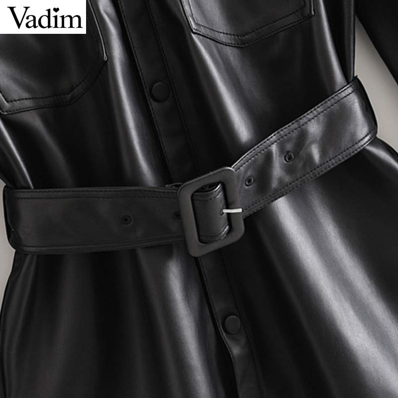 Vadim mujer chaquetas de cuero PU negro pajarita bolsillos sashes manga larga abrigos divididos prendas de vestir femeninas chic casual tapas CA585