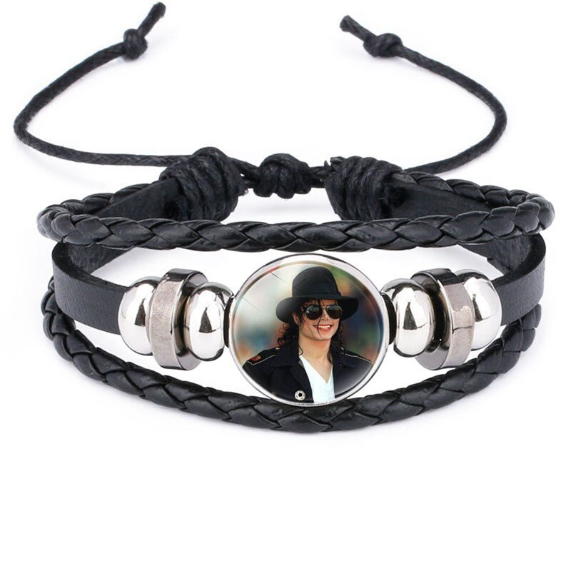 Pulsera de cuero hecha a mano de Michael Jackson, abalorios Pop Dancing King, cabujón colgante de vidrio, pulseras de cuero: 14