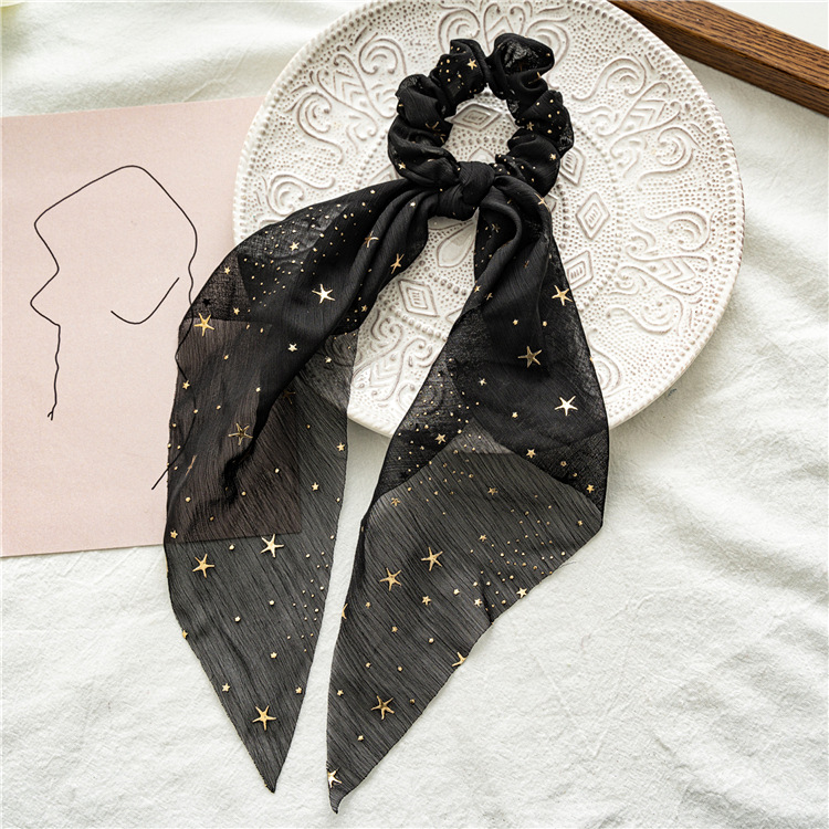 Gomas elásticas para el pelo para mujer, lazos con estampado de , lazos para el pelo de seda de estrella, de lazo de cola de caballo, accesorios para el cabello que combinan con todo: Negro