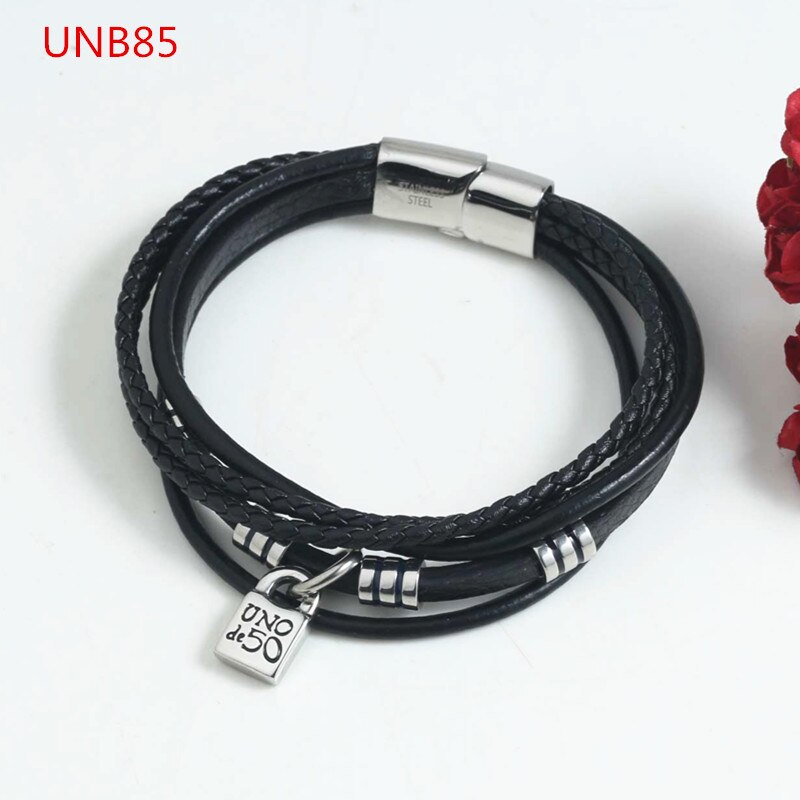 Vrouwen Mannen Zilveren Kleur Goud Rvs Weave Vierkante Uno De 50 Lock Key Zwart Lederen Armband sieraden: UNB85