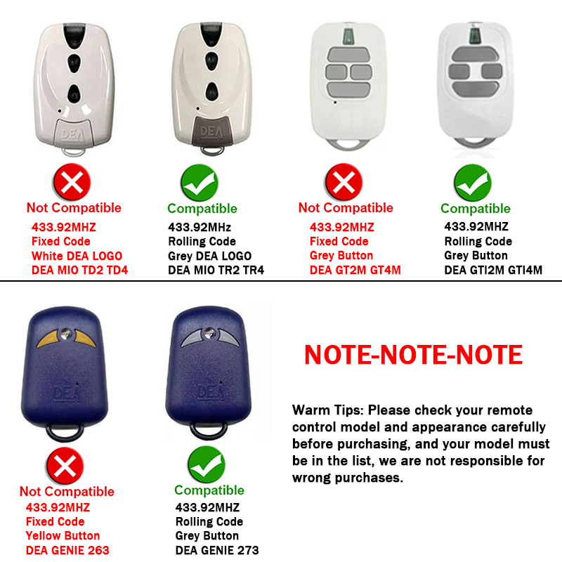 DEA GTI2/GTI4 GT2/GT4 Garage Gate 433.92MHz Rolling Code Command Remote Control For DEA MIO TR2 TR4 TR2N TR4N GENIE 273 GTI2M