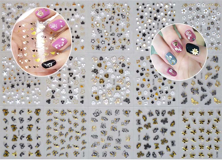 30 stks/partij Wit/Zwart/Goud Lijm-self Nail Art Stickers 3D Goud & Zilver Metalic Nail Decorations nail Sticker DIY Sticker