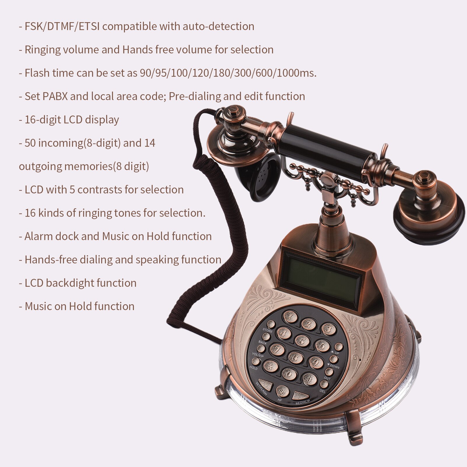 Corded Phone Vintage Retro Style Telephone Desk Landline Phone Support Hands-Free/Redial/Flash/Speed Dial/Ring Volume Control