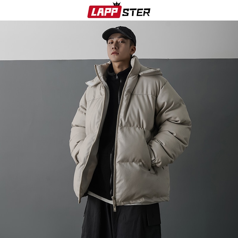 LAPPSTER Männer Japanischen Streetwear Leder Puffer Jacke Herren Hüfte hüpfen Schwarz Winter blasiert Jacken Mäntel Paar Koreanische Parka