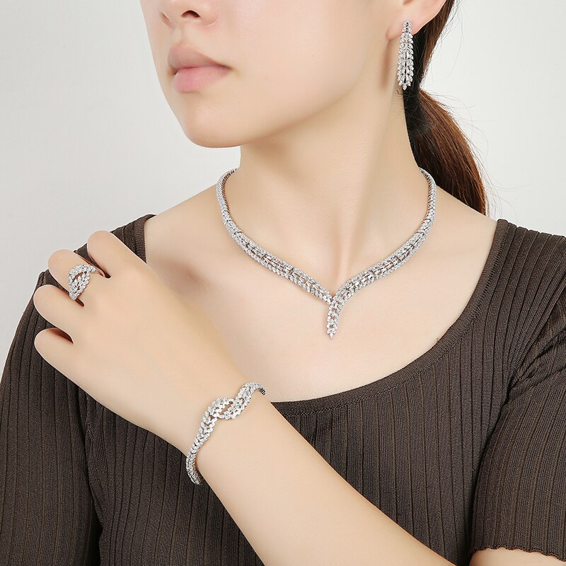 Sieraden Sets Hadiyana Elegante Trendy Birdal Ketting Oorbellen Ring En Armband Set Vrouwen Hoge Qualtity CN1805 Conjunto De Joyas