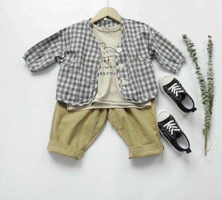 Autumn Korean Style Baby Boys Plaid Cardigan Coats Children Cotto Linen Outerwear Toddlers Kids Thin Jackets