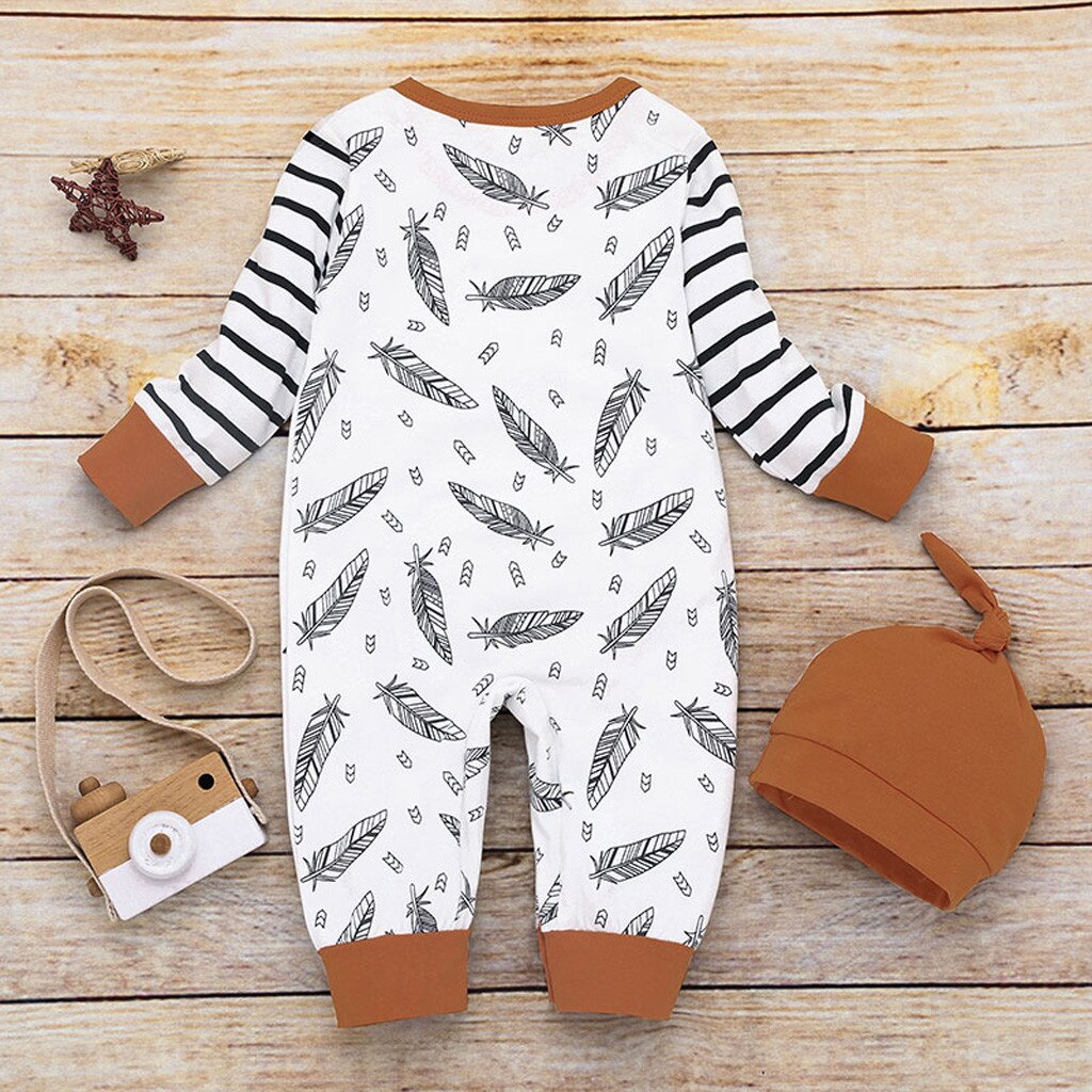 Infant Baby Girl Boy Feather Striped Romper Jumpsuit With Pocket Clotheswith Keep Warm Hat Set Long Sleeved Romper