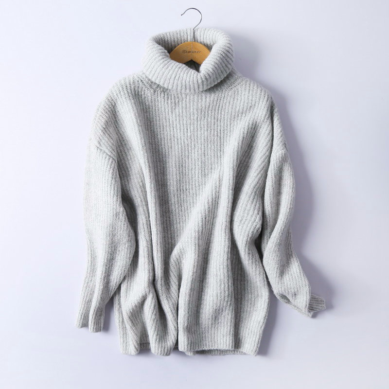 BIAORUINA Women Oversize Basic Knitted Turtleneck Sweater Female Solid Turtleneck Collar Pullovers Warm: Gray / s