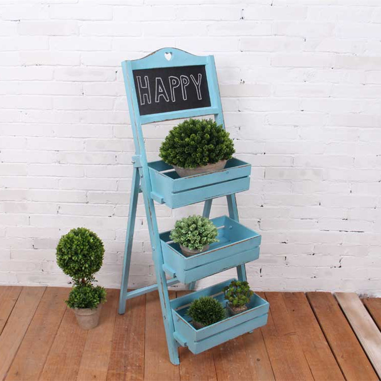 Support d'échelle pour plantes en bois, extérieur et intérieur, support pour fleurs avec tableau noir, décoration de balcon, Bar pour la maison: Blue-3 tire