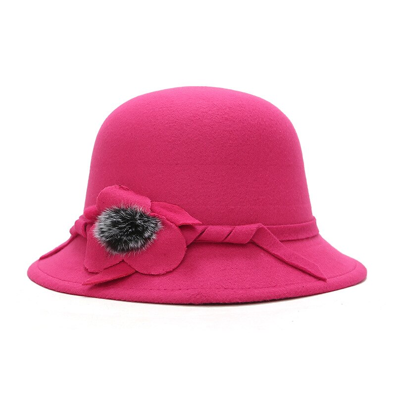 Vrouwen Meisjes Vintage Wolvilt Koepel Fedora Hoeden Dames Mode Effen Kleur Strik Bloem Emmer Hoed Voor Vrouw Winter Cap: Rose red