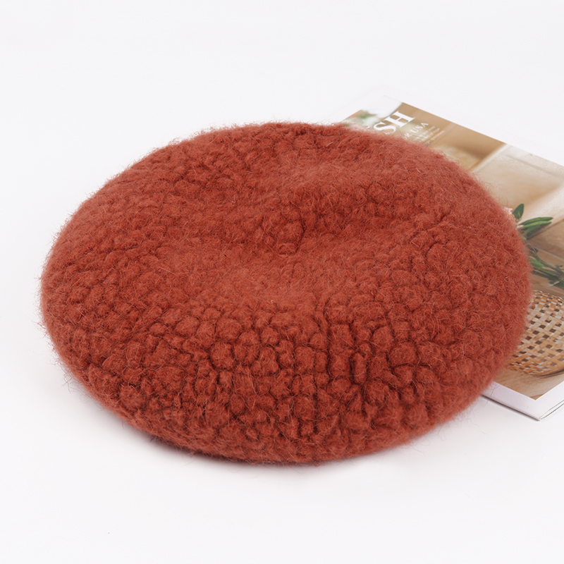 Luna&amp;Dolphin Women Fine Wool Hairy Berets Pumpkin Peacock Blue Knitting Artist Cap Winter Warm Mocha Painter Beanie Hat: brick red