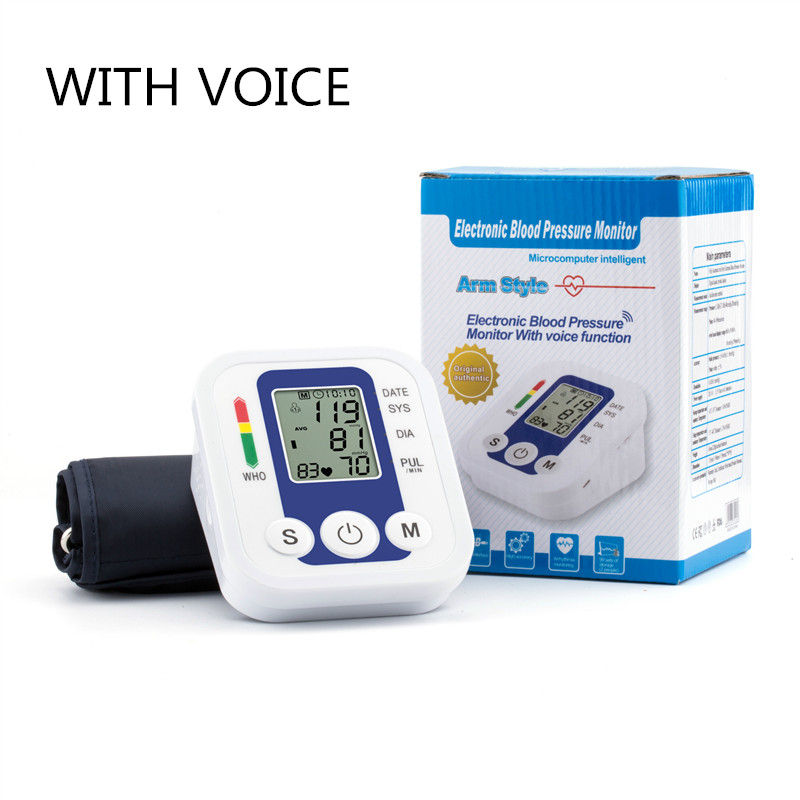 Med stemme overarm manchet automatisk blodtryksmåler husstands hd digital display sundhedspleje blodtryksmåler maskine: Blå med stemme