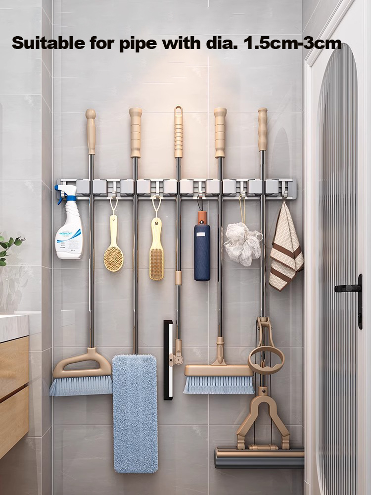 Mop en Bezem Organizer Mop Houder Rack Mop Houder Wandmontage Sterke Bezem Mop Houder Zelf Met 5-Haken Organisatoren Hang Bezem