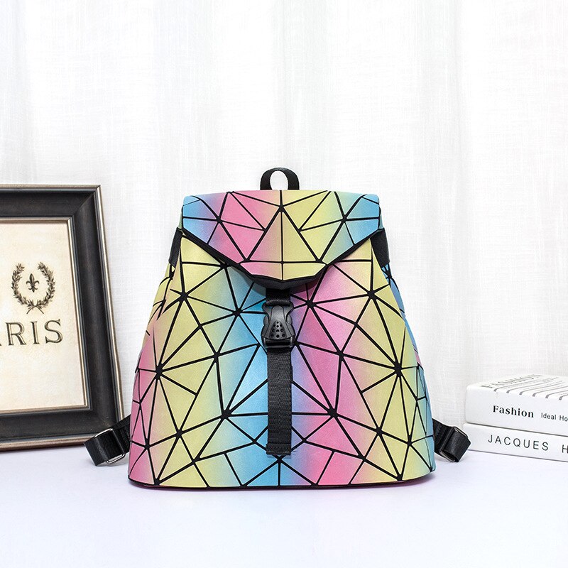 Neue Frauen Tasche Leucht Schule Rucksack Geometrische Schulter Tasche Klapp Schüler Schule Taschen Für Teenager Mädchen Holographische Rucksack