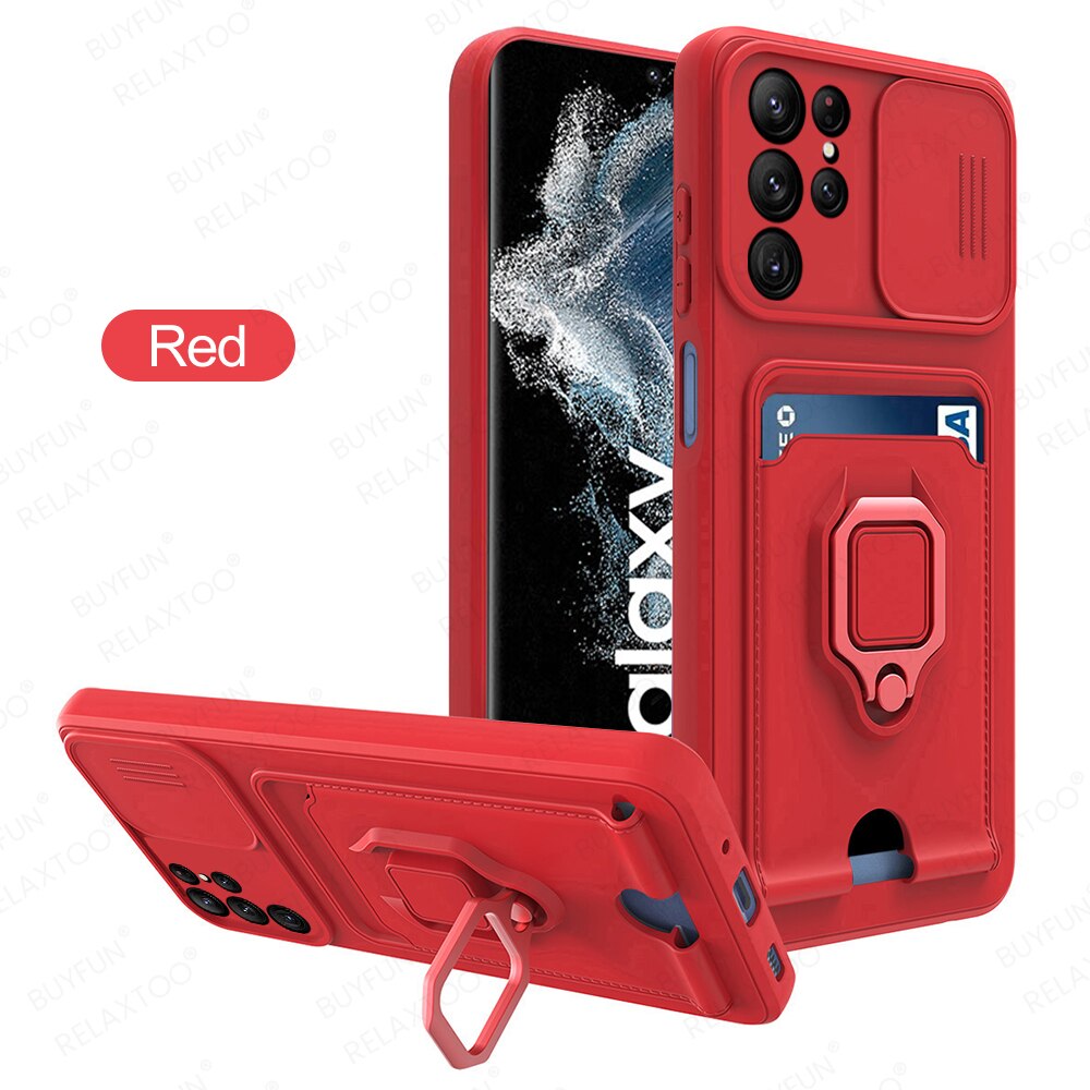 S22Ultra Case Slide Camera Bescherm Case Voor Samsung Galaxy S22 Ultra Wallet Card Slot Cover S 22 S22 + Magnetische ring Stand Coque: S22 Plus / Red-02