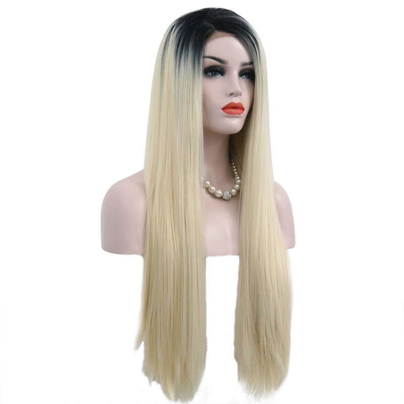 Joy & beauty 28 "mão amarrada raízes escuras ao cabelo loiro ombre fibra de alta temperatura reta sem cola peruca de fron sintético do laço