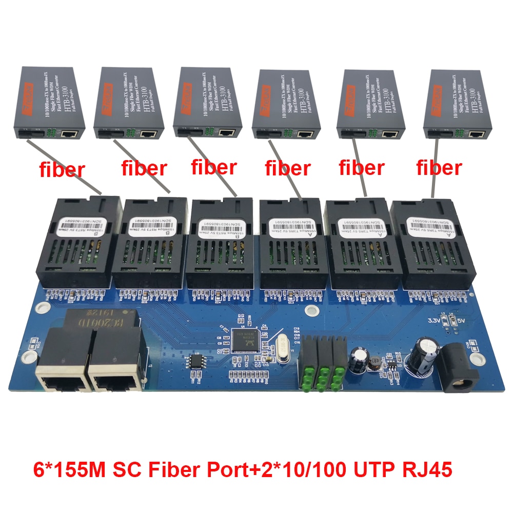 6F2E 10/100M Fast Ethernet switch Converter 25KM Ethernet Fiber Optical Media Converter Single Mode 2*RJ45 and 6*SC fiber Port