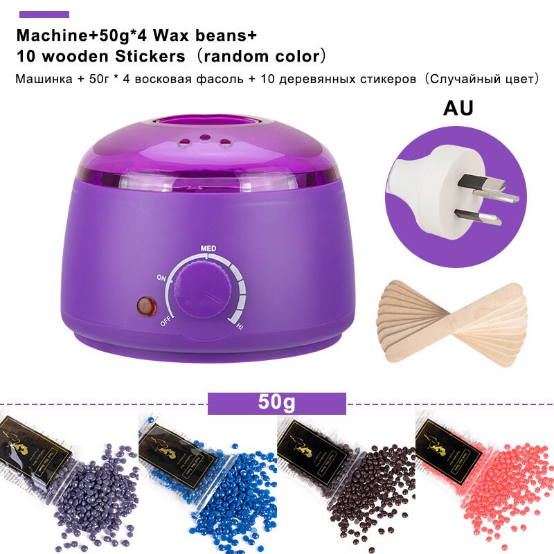 Electric Mini Wax-melt Heater Machine 4 Bags Wax Bean 10 Wood Stickers Hair Removal Machine Waxing Kit Calentador de cera: Purple AU plug