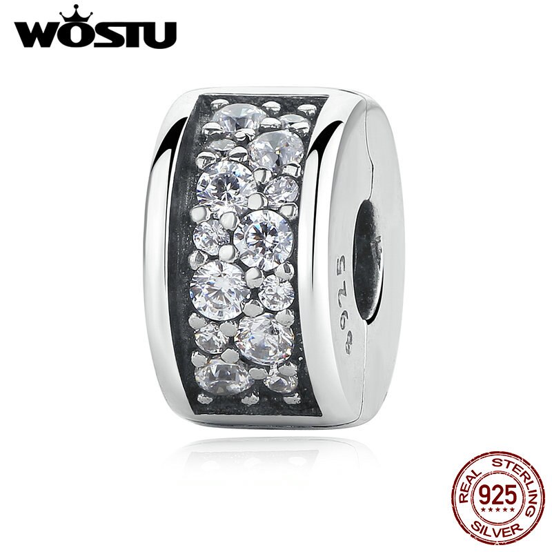 Echte 100% 925 Sterling Silver Shining Elegantie Clip Charm Met Clear Cz Fit Originele Wst Armband Hanger Authentieke Sieraden