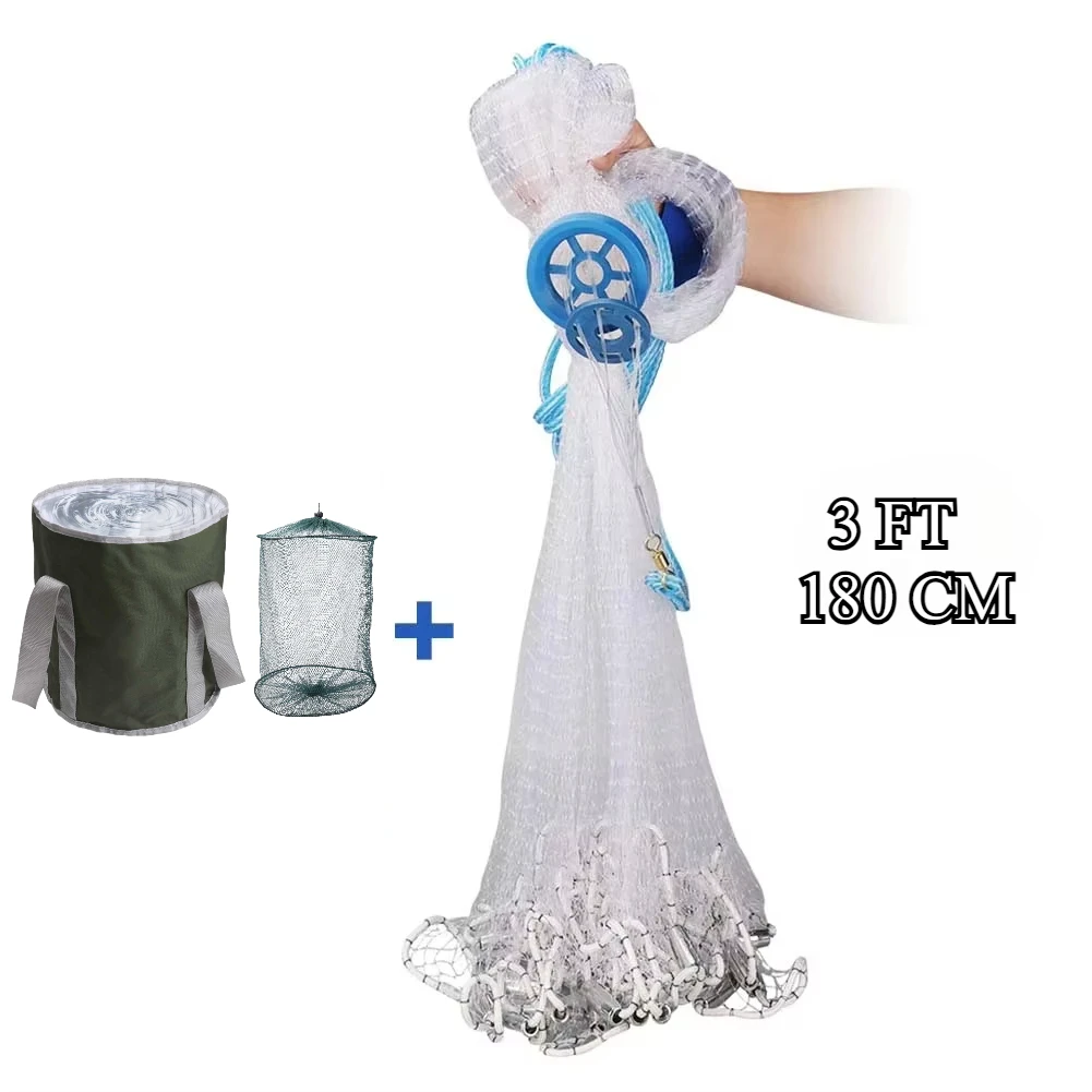 Rete da pesca americana in acqua salata con piombo in zinco e secchio impermeabile 3/4/5/6/7/8/9/10Ft raggio lancio rete da pesca trappola per esche: bianca