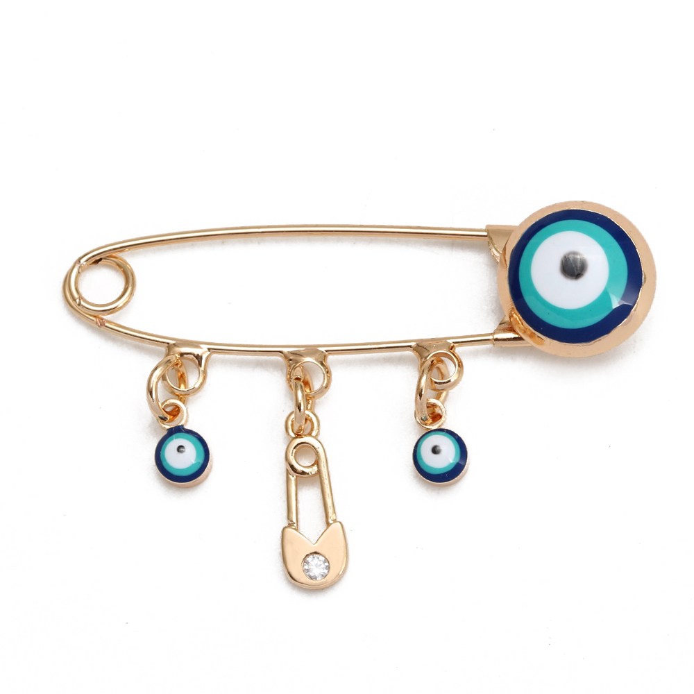 Lucky Eye Oil Blue Turkish Evil Eye Safety Pin Fatima Hamsa Hand Round Charm Brooch Pin for Women Men Jewelry: Antique Bronze Plated