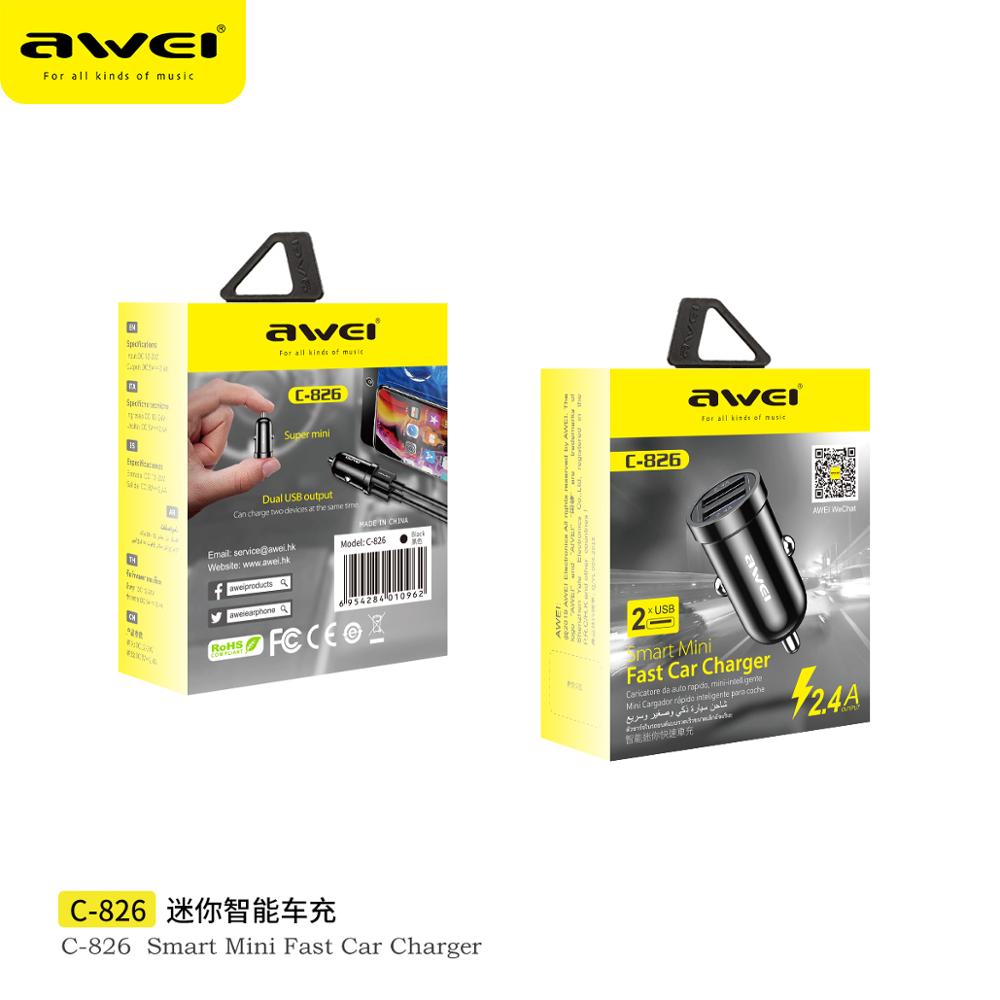 AWEI C-826 12W 2.4A Mini Phone Car Charger Dual USB Fast Charging Chip Protect Phone Battery