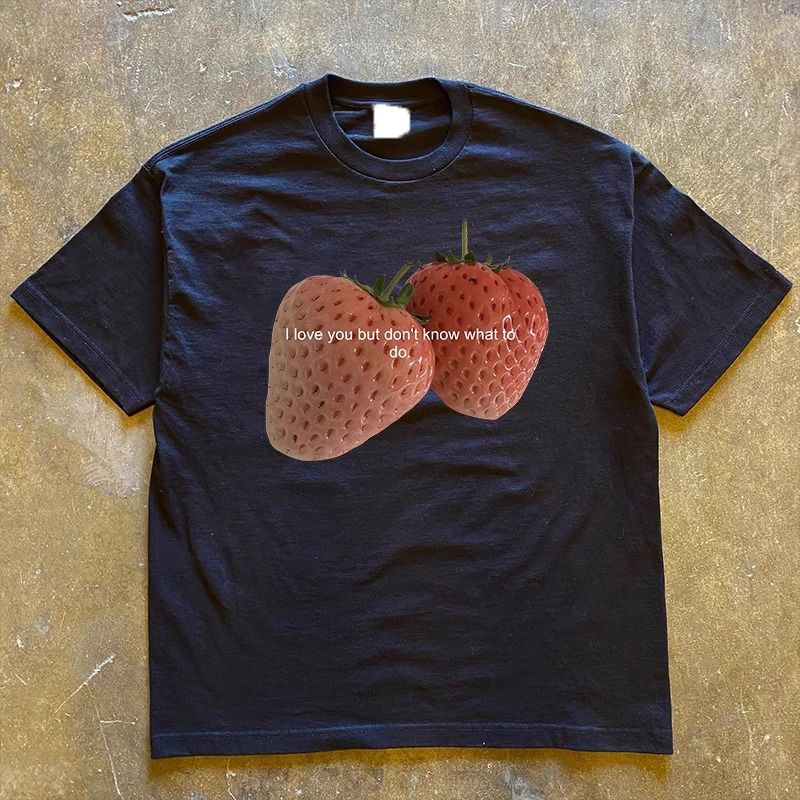 Camiseta de algodón puro con estampado gráfico de fresa para hombre y mujer, ropa de urbana de manga corta, Top Kawaii Y2k de otoño: L / Castaño