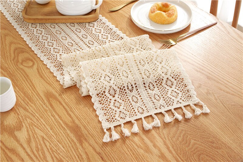 Nordisk beige hæklet blonde bordløber med kvast bomuld bryllup indretning hul dug romantik boligdekoration borddæksel: 24 x 260cm