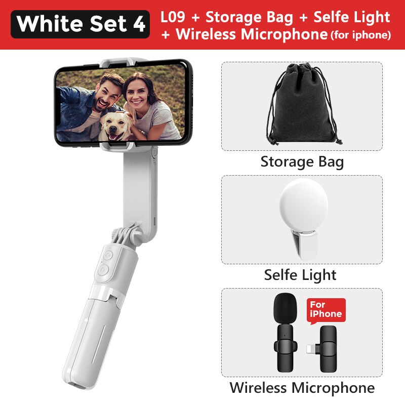 L09 Gimbal Stabilizer Met Licht Invullen Bluetooth Remote Automatische Balans Selfie Stick Voor Ios Android Telefoon Statief Houder Stand: White Set 4