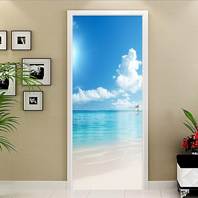 Cielo blu E Nuvole Bianche Paesaggio Adesivo Porta 3D Semplice Complementi Arredo Casa Della Parete Carta Da Parati Murale Porta del Soggiorno Decalcomanie Adesivi 3 D