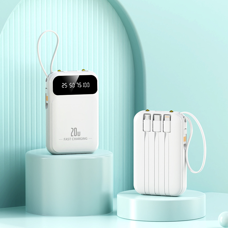 4-In-1 Power Bank 20000mah Built-In Cable 20W Fast Charging Powerbank Waterproof Portable Mobile Phone External Battery Charger: WHITE / 5000mAh