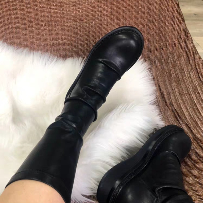 Women Mid-calf Boots Slim Fit Sock Boots Thick Sole Flat Shoes Woman Female Soft Leather Botas Mujer Autumn Flats