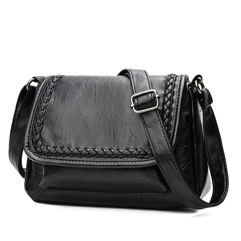 Kvinnlig liten väska vävda solida axelväskor mjukt pu läder dam messenger crossbody väskor med lock