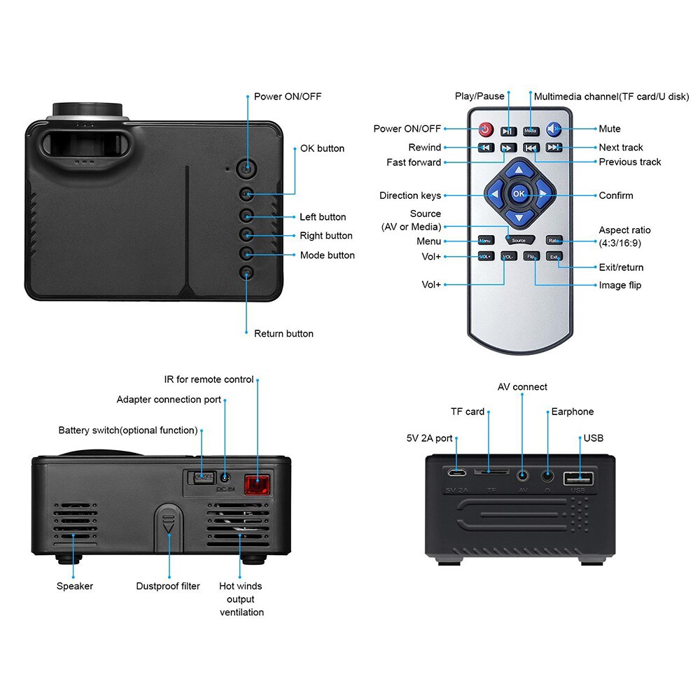 LCD Mini Projector, Multimedia Draagbare Home Theater Projector Ondersteuning 16: 9 & 4: 3 Full HD 1080 P, USB, AV, Tf-kaart voor 25-80 inch IK