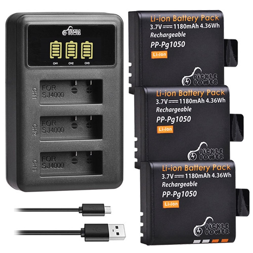1180 mah  pg1050 batteri og 3 bærer ledet lader til sjcam  sj4000 wifi  sj5000 wifi pluss  m10 sj5000 pluss  sj6000 sj7000: 3 batterier 1 lader