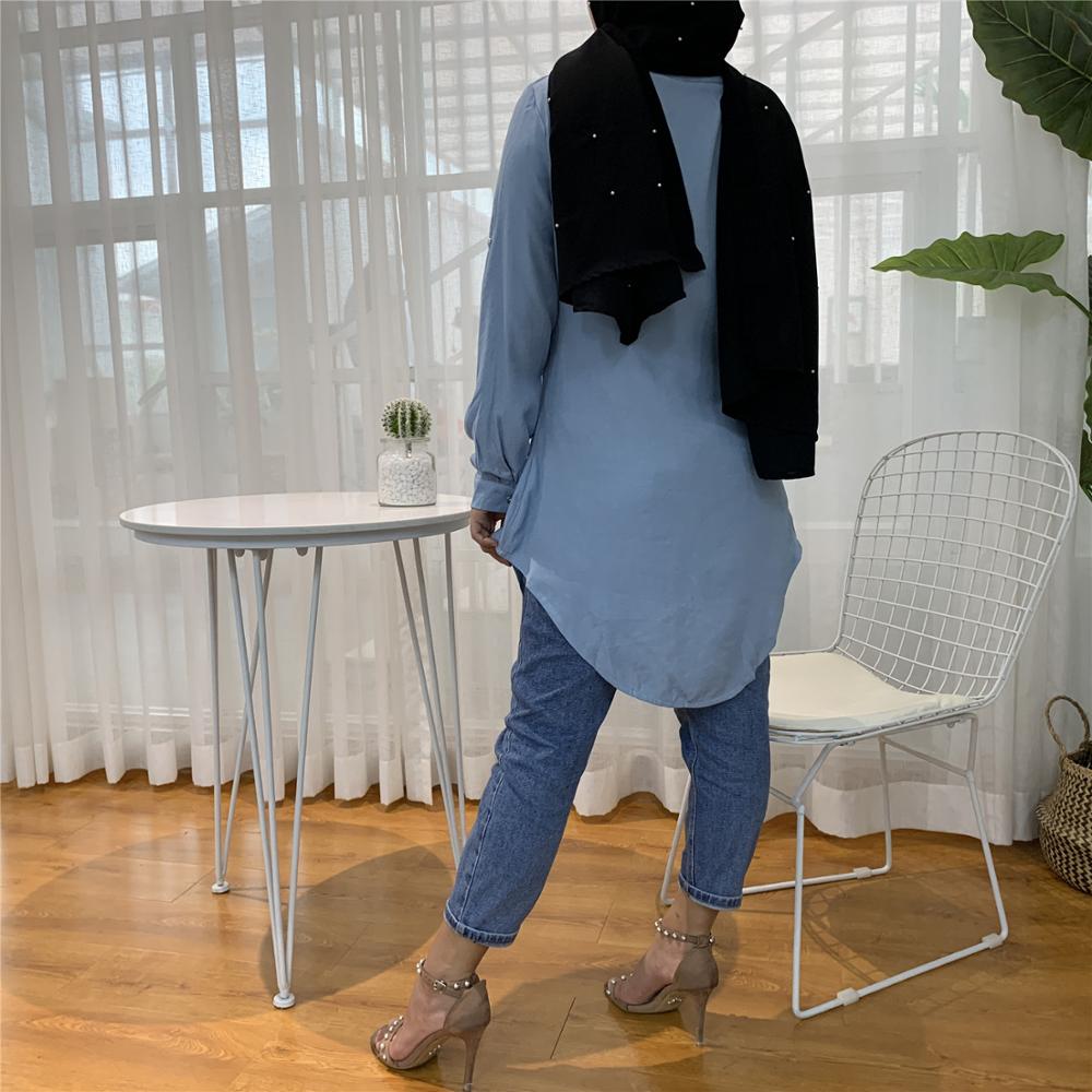Casual Long Sleeve Tops Muslim Women Soft Denim Shirt Longline Denim Shirts Ladies Blue Jean Blouses With Floral Belt