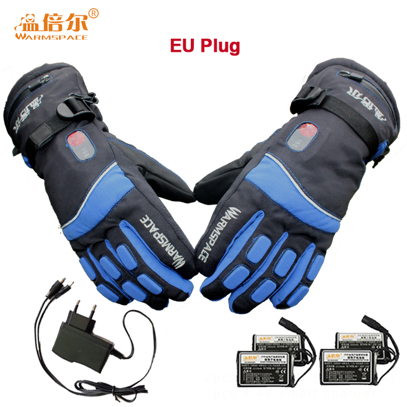 Warmspace 7.4v elektriske opvarmede handsker vandtæt lithiumbatteri selvopvarmende vinter varme udendørs sportscykel skihandsker: Blå eu-stik / Xl
