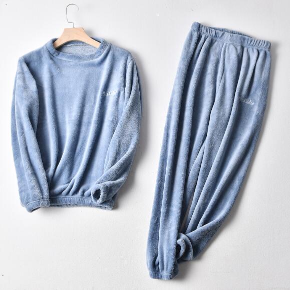 Fdfklak flanellen huiskleding dikke warme dames pyjamaset lange mouwen lange broek pyjama dames casual nachtkleding pyjama vrouw: Blauw