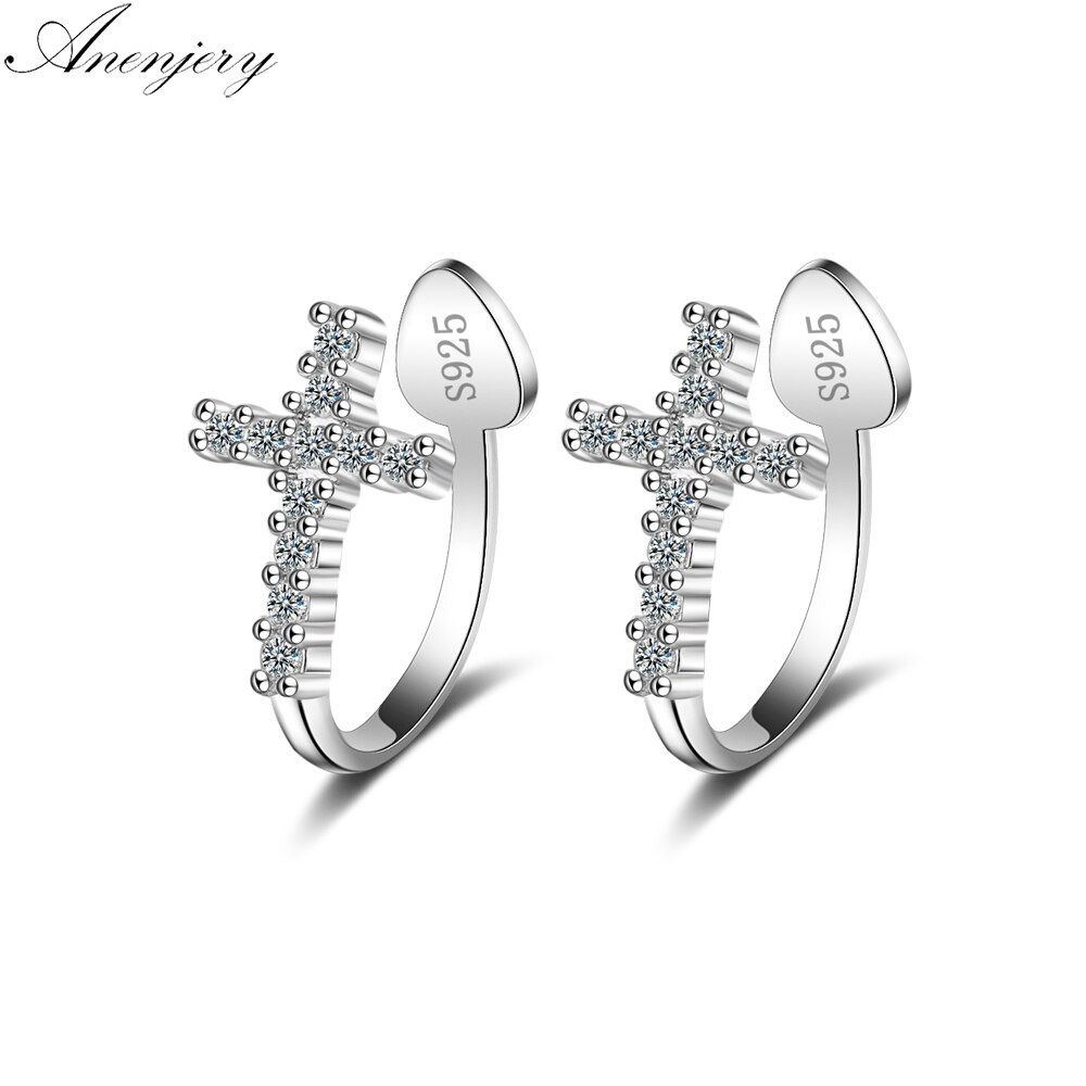 Anenjery Micro CZ Cross Clip Earrings For Women Girl 925 Sterling Silver Earrings boucle d'oreille S-E608