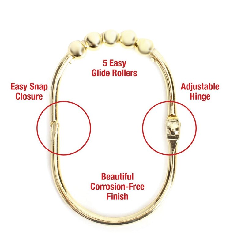 12 Pack Wide Shower Curtain Rings Hooks Set,Decorative Chrome Finish,Easy Glide Rollers,Rings for Shower Rods,Gold