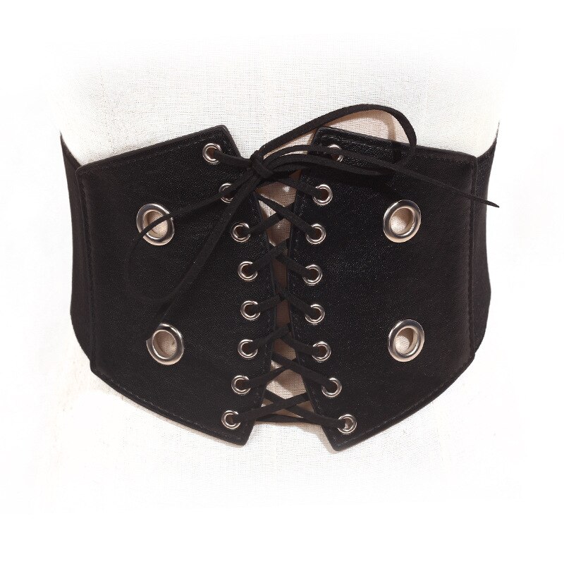 Elastische stretch brede band korset tailleband voor dames, zwart met vetersluiting: Zwart 2