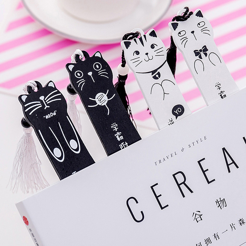 Kawaii Cartoon Cat Wooden Bookmarks for Books Black White Color Bookmark Tassel Book Page Student Stationery Supplies