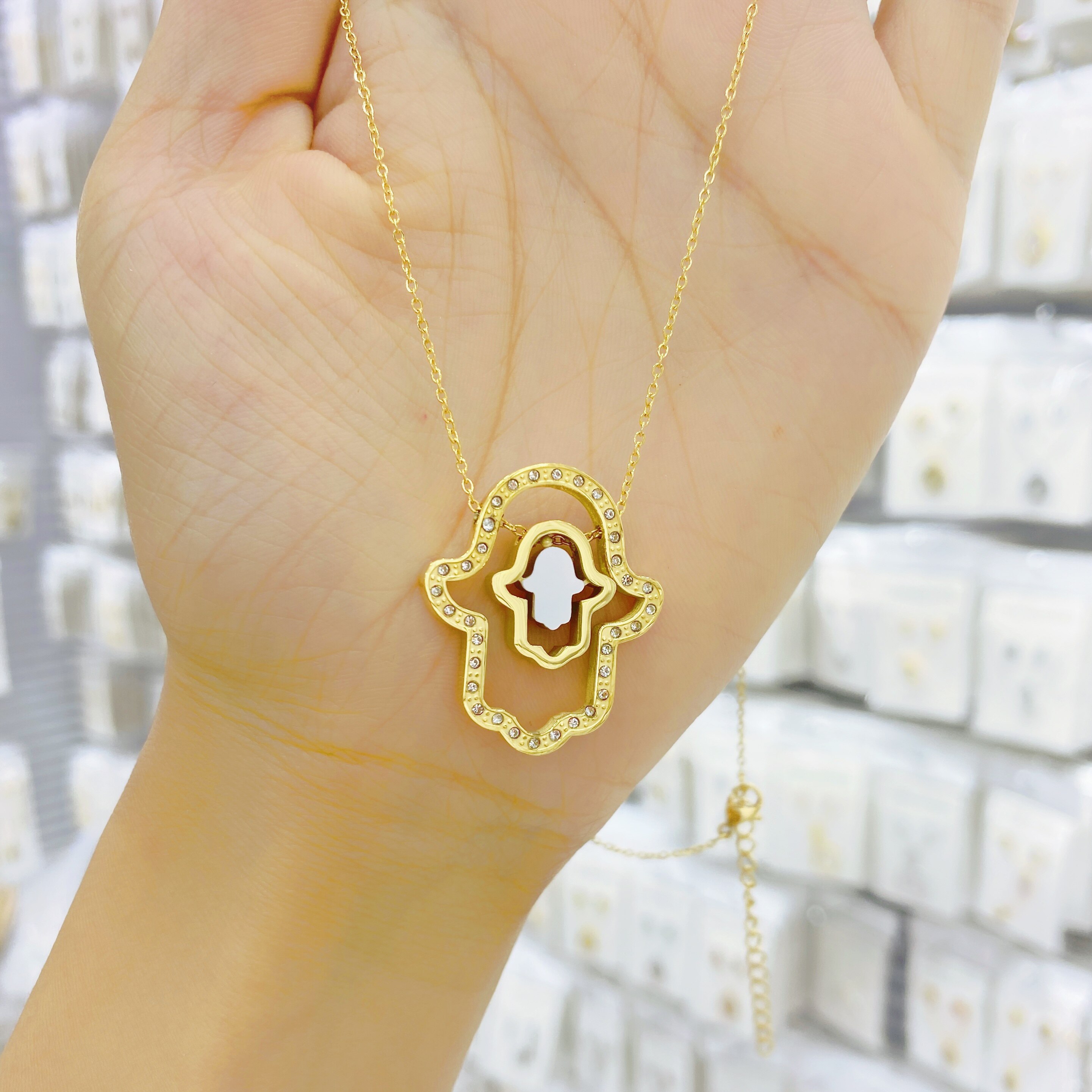 Top hamsa hånd tyrkiet onde øje kæde halskæde smykker naturlig skal rhinestone palm halskæde til kvinder
