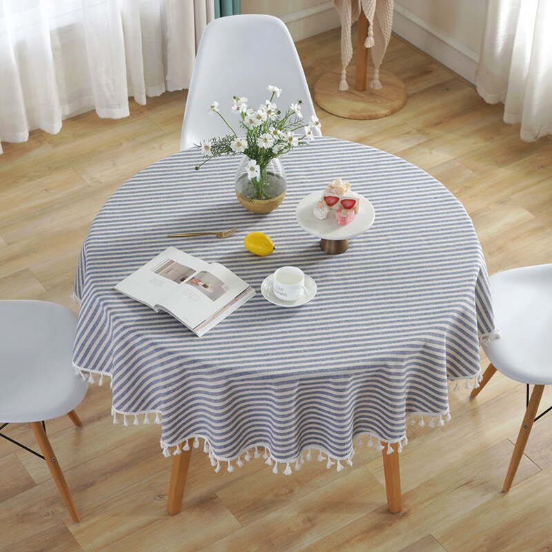 Round Tablecloth 150cm/59'' Stripe Tassel Cotton Linen Table Cloth Table Cover for Home Kitchen Dinning Table Coffee Table Decor