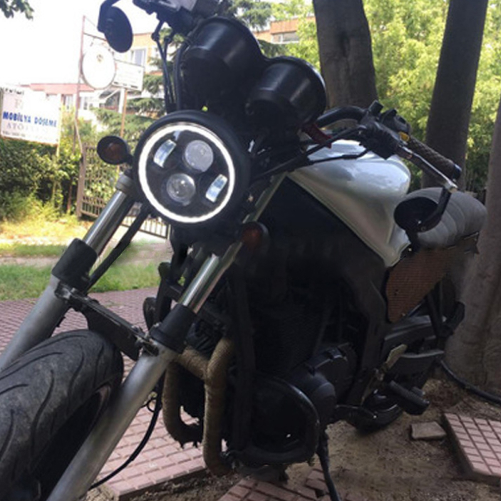 Phare LED rond de moto avec support, 5.75 pouces, universel pour Chopper Cafe Racer Bobber 30W, phare rétro 12V Halo blanc