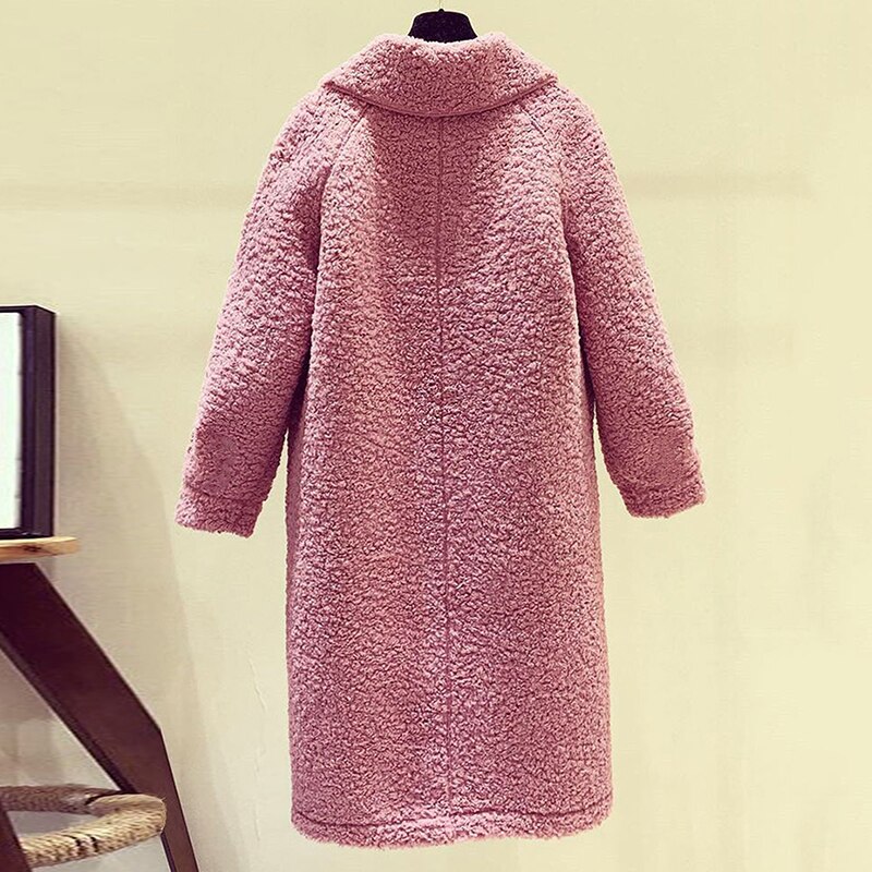 Faux Lamb Wool Warm Winter Coat Women Long Jackets Solid Turn-down Collar Single Breasted Pockets Korean Loose