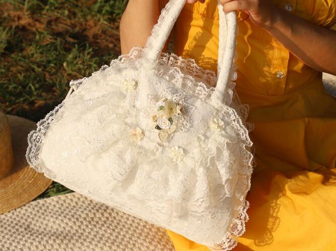 Vintage domstol prinsesse udsøgt håndtaske lolita fest hvid blonder tote taske: Elfenben