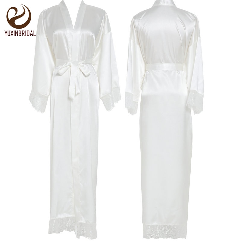 YUXINBRIDAL Silk Satin Lace Robes Bridesmaid Bride Robes Wedding Long Robe Bathrobe Womens Robe White