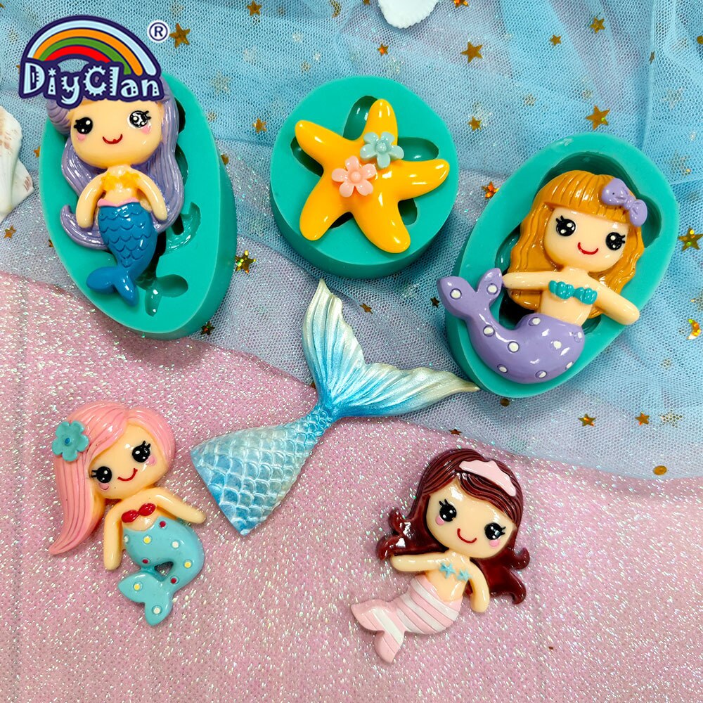 Moule sirène en Silicone pour décoration de gâteau Fondant, dessin animé, filles, Cupcake au chocolat, forme en Silicone pour outils en argile polymère, étoile de mer